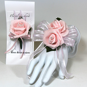 Double Pink Rose on Pink Ribbon Wrist Corsage & Boutonniere Combo