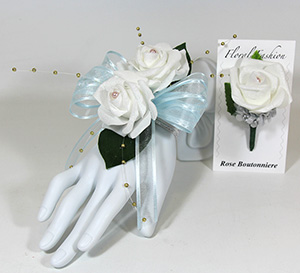 Double White Rose on Blue Ribbon Wrist Corsage & Boutonniere Combo
